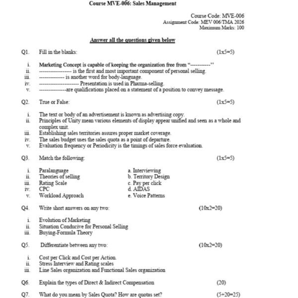 MVE 6 QUESTION PAPER