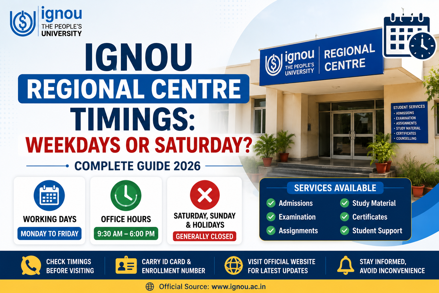 IGNOU Regional Centre Timings Weekdays or Saturday