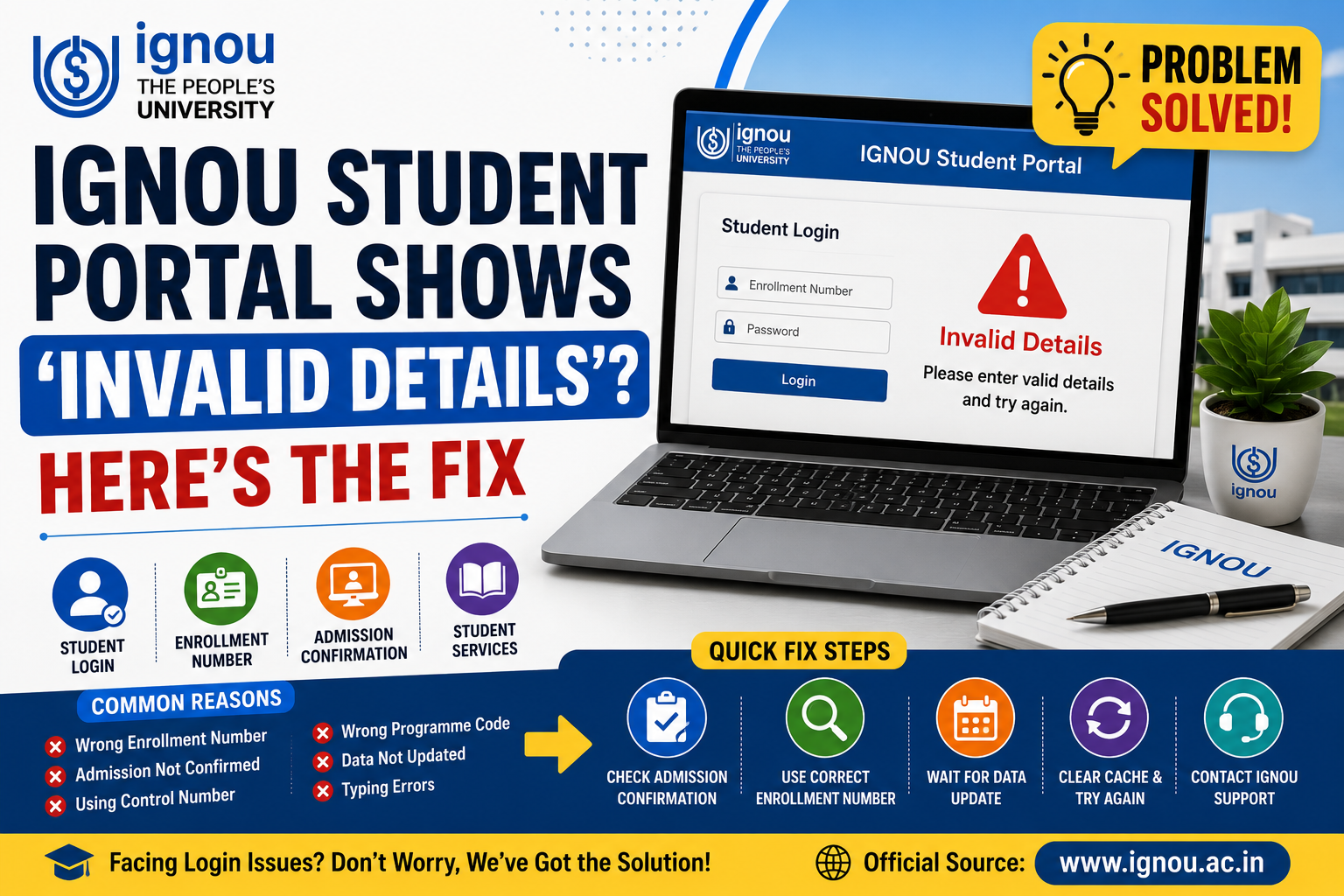 IGNOU Student Portal Shows ‘Invalid Details’ Here's the Fix